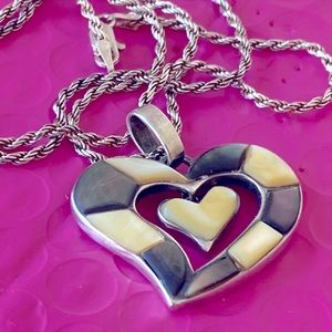 Large articulated MOP Abalone sterling silver heart pendant necklace